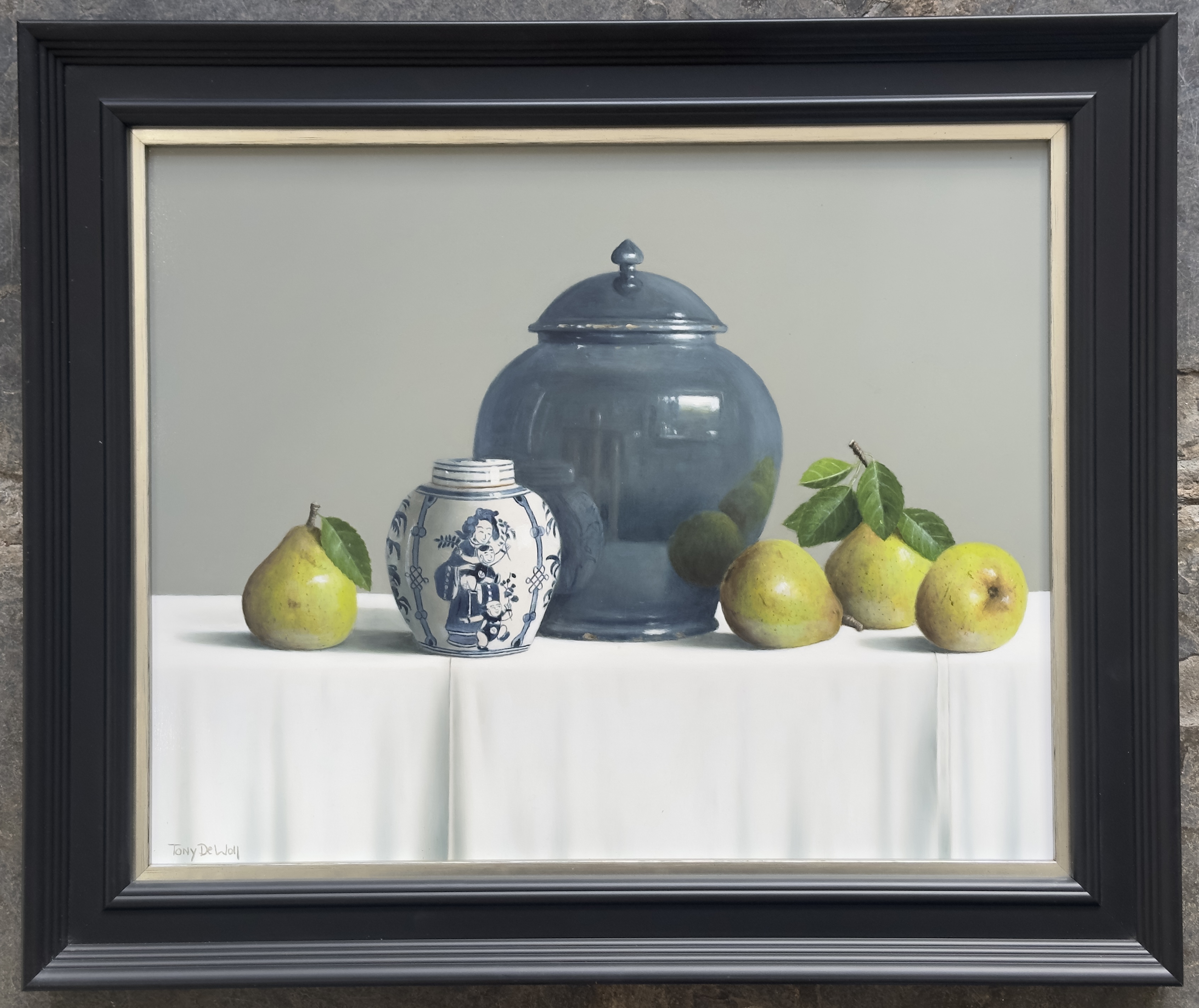 Tony  De Wolf Blue Porcelain Jar, Chinese Jar & Pears